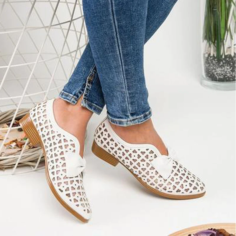

CYSINCOS Mesh Casual Sandals Summer Breathable Pointed Toe Low Square Heel Slip On Bowknot Sandal