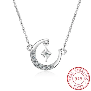 925 Sterling Silver Moon Stars Charm Pendant Necklace for Women Fashion Silver Necklace Choker collier for Lady