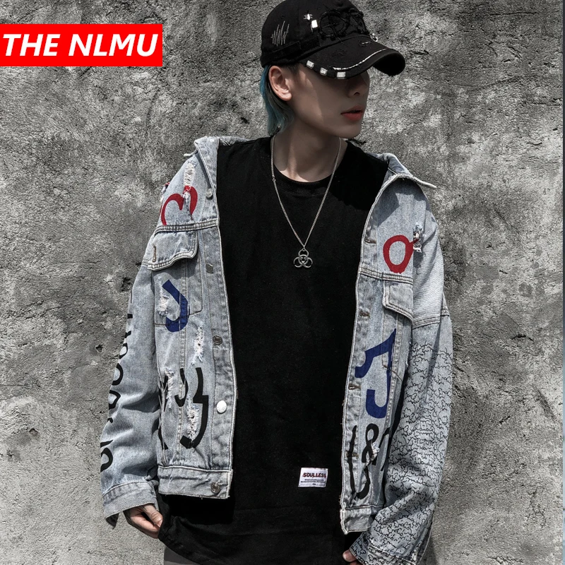 

Vintage Denim Jacket Men Ripped Holes Hip Hop Jeans Jackets Letter Graffiti Streetwear 2019 Distressed Denim Coats WG492