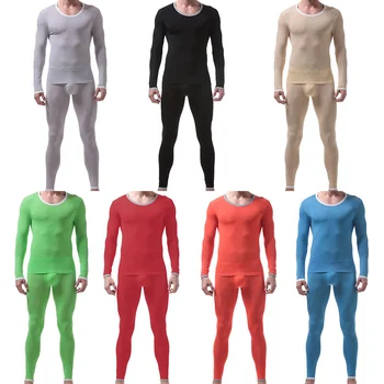 

Sexy Men Undershirts Long Johns Ultra-thin Thermal Underwear Sleepwear Ice Silk Lounge Translucent Long Sleeve Tops Trousers Set