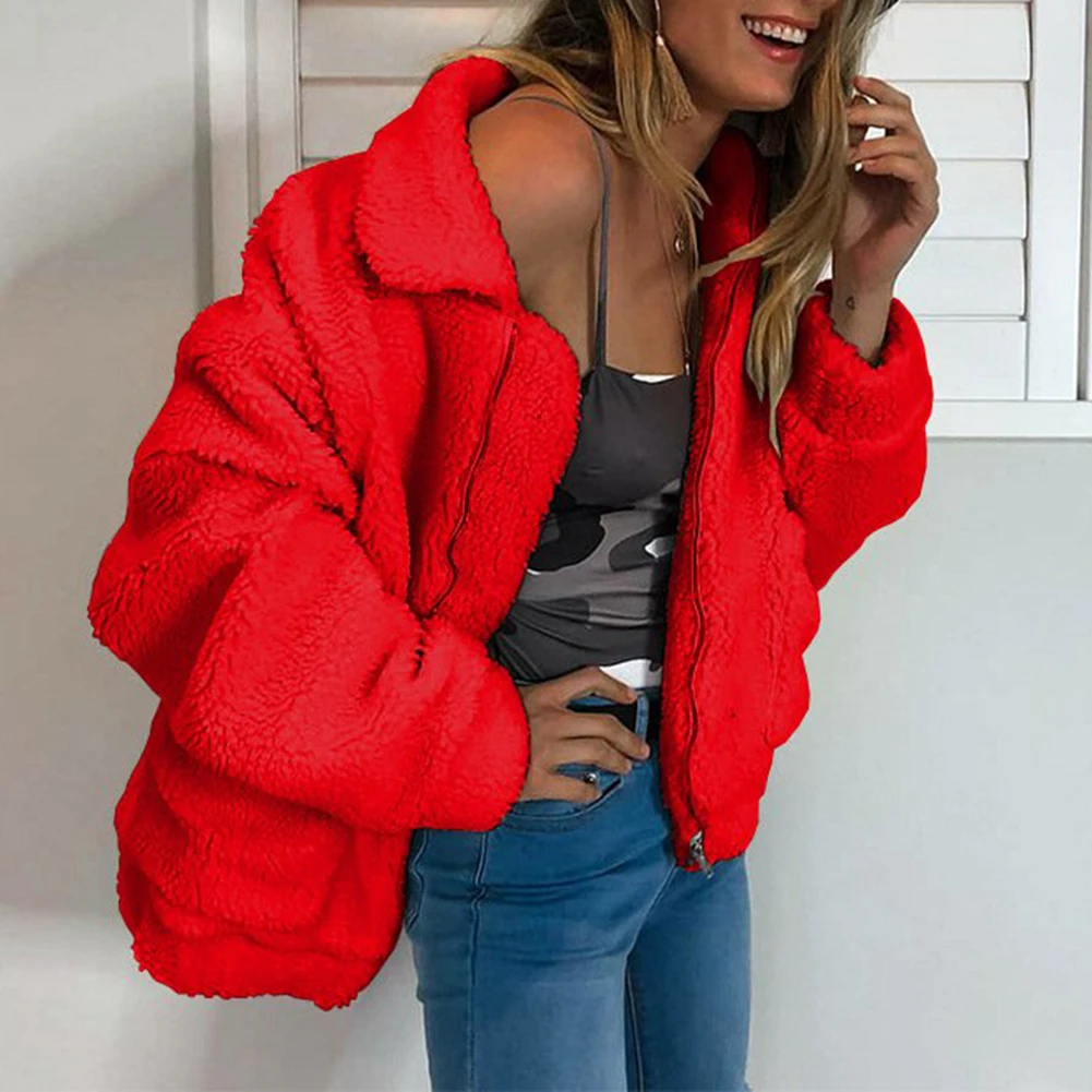 Women Coat Thick Warm Pocket Fleece Jacket Coat Zip Up Outwear Overcoat Winter Soft Fur Jackets Female Plush Coat Elegant - Цвет: Red