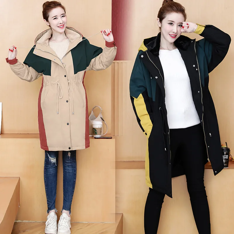

2019 Winter New Style Korean-style Loose Casual BF Style Versatile Popular Contrast Color Hooded Coat Overcoat Mid-length