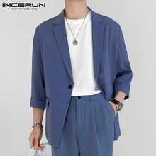 Incerun moda masculina blazer streetwear cor sólida lapela 3/4 manga um botão ternos de lazer masculino 2021 casual jaquetas finas S 5XL
