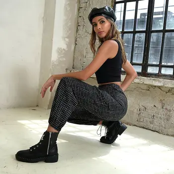 

Women Pants Vintage Loose Plaid High Waist Long Pants Cargo Trousers Sport Sweatpants /BY