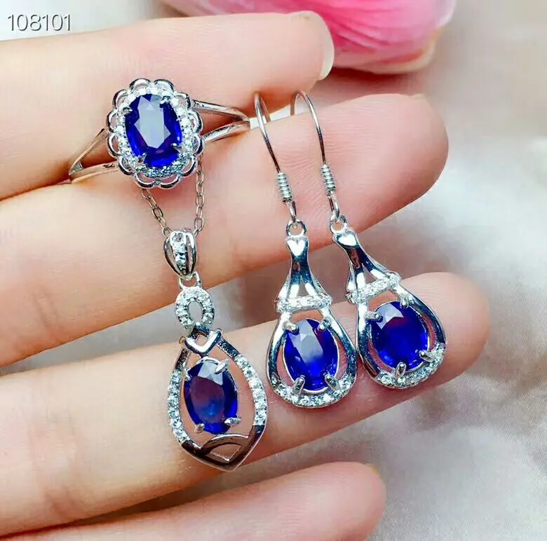 

MeiBaPJ Natural Sri Lanka Sapphire Gemstone Sweet Jewelry Set 925 Sterling Silver 3 Pieces Siut Fine Wedding Jewelry for Women