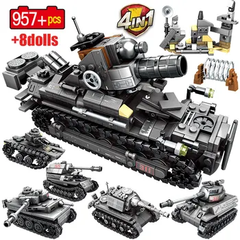 

957pcs 4 IN 1 WW2 Chariot Tank Building Blocks Military Army Soldier Figures figures Bricks Education Toys for Children