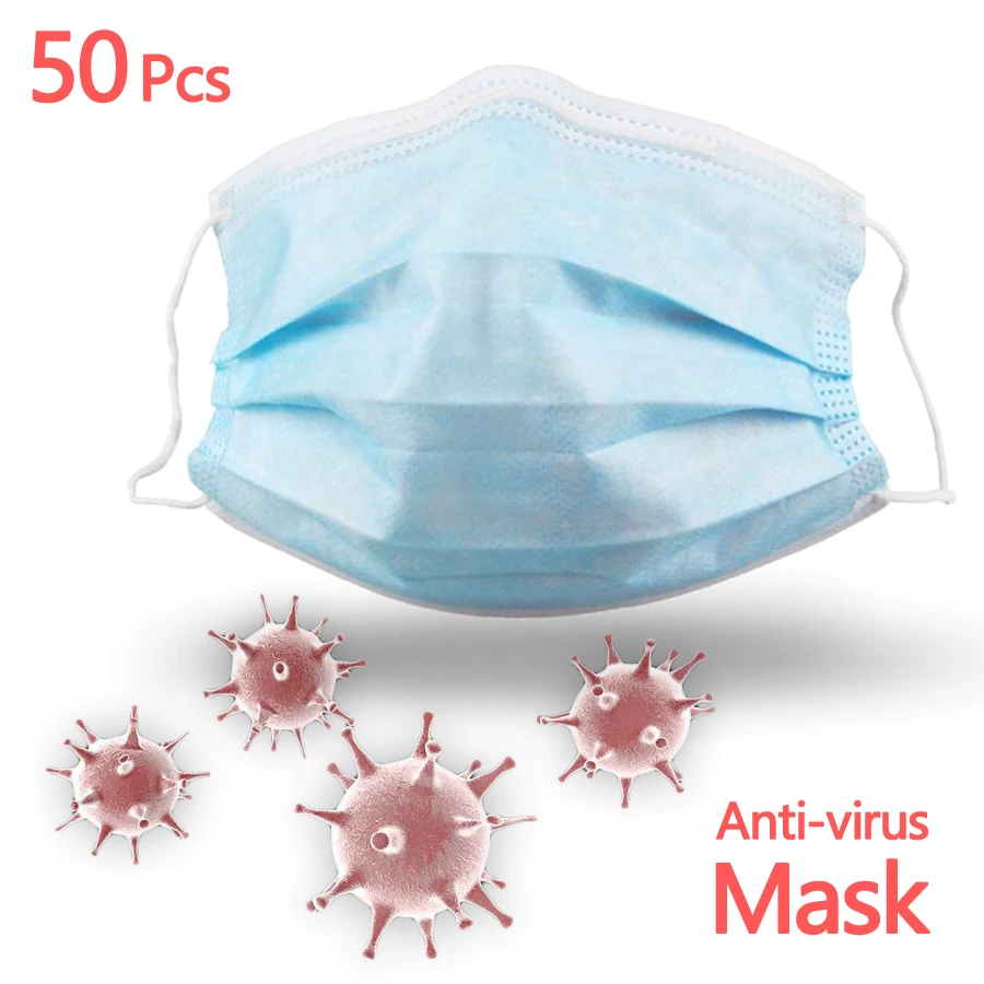 

50Pcs Antivirus 1 Disposable Mask Virus Nonwove 3 Layer Ply Filter Mouth Face Mask Dust BFE95 Meltblown Mouth Masks 50 Pcs