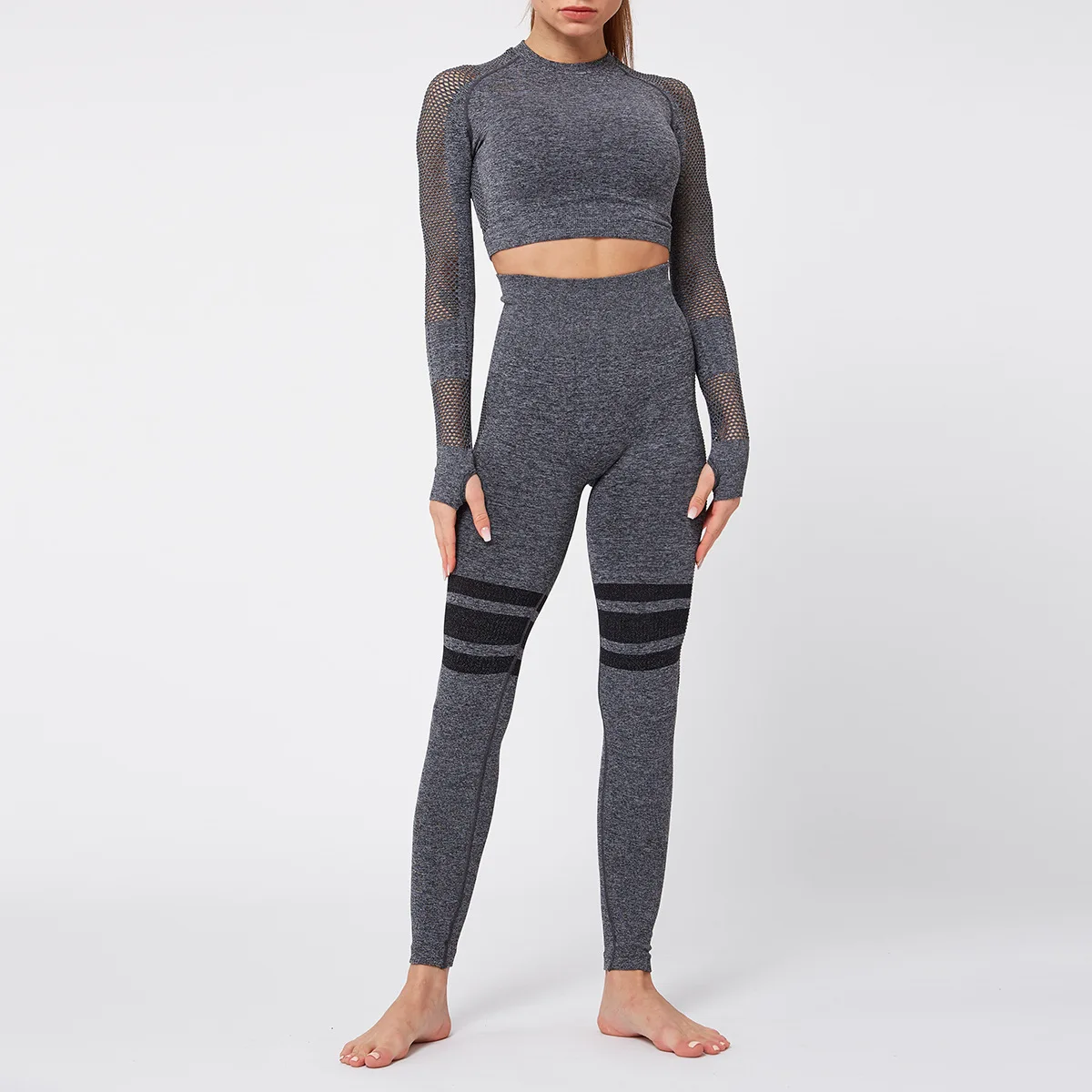 Women Energy Seamless Yoga Sets Sexy Breathable Mesh Knitted Gym Set 2 Piece Sportswear Long Sleeve Top+High Waist Yoga Leggings