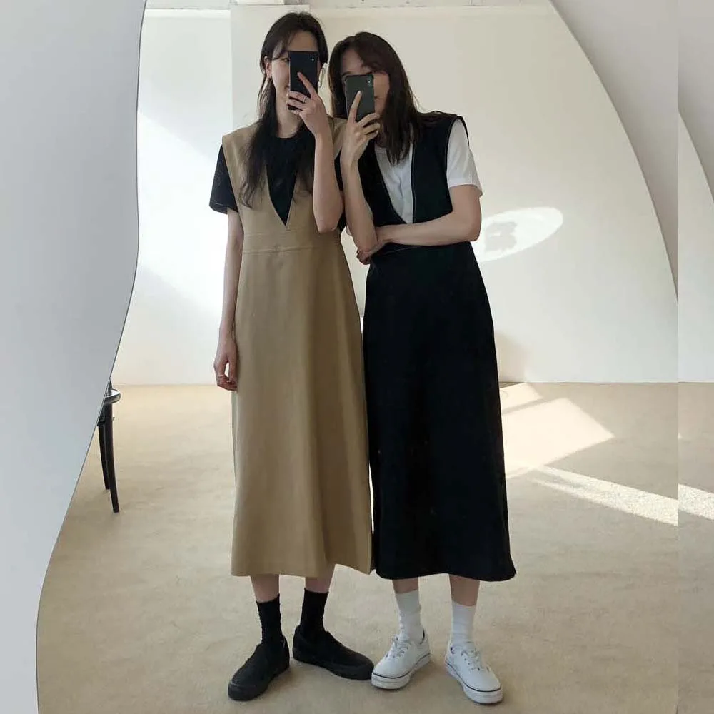 Women Spring V Neck Sleeveless Long Tank Dress Vintage High Waist Solid Color Out Wear Vest Dresses Women Spring V Neck Sleeveless Long Tank Dress Vintage High Waist Solid Color Out Wear Vest Dresses
