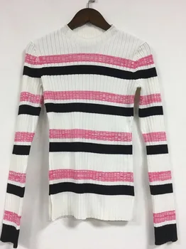 

Women Sweater New Round Neck Vertical Striped Skinny Sweater