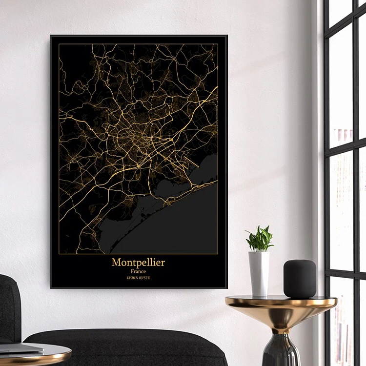 

France Montpellier Map Poster Black Golden Light City Map Customized Canvas Print Painting Modern Wall Artist Home Decoration
