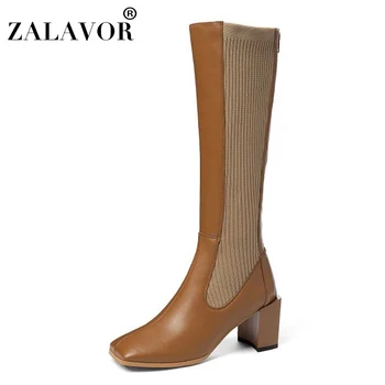 

ZALAVOR Real Leather Women Knee Boots Warm Fashion High Heel Winter Shoe Woman Elastic Square Toe Long Boot Footwear Size 33-40