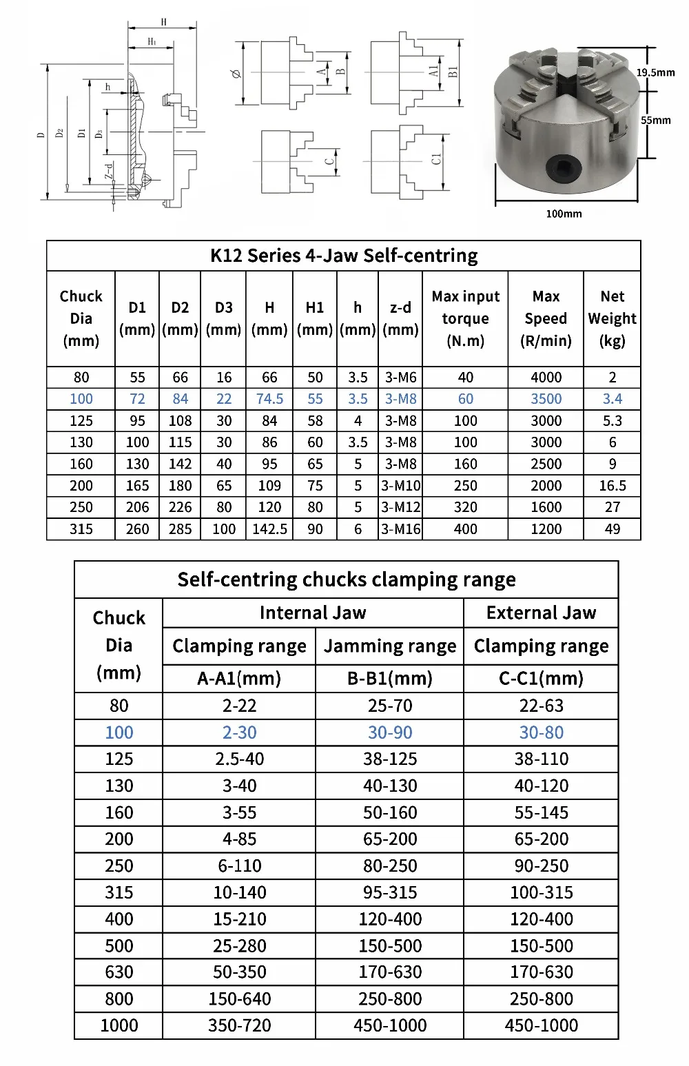 『EU Delivery』 4 Jaw K12-100mm K11-80mm 3Jaw K11-100mm Manual Chuck Self-Centering Chuck CNC Machine Tool Lathe Chuck RATTM MOTOR