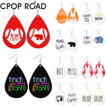 

Cpop Mama Bear Diy Cute Faux Leather Earrings for Women Teacher Pencil Math Printing Water Drop Earrings Fashion Jewelry Gift