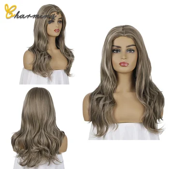 

CHARMING Ombre Wavy Wigs Black Brown Blonde Middle Part Cosplay Synthetic Wigs with Bangs For Women Long Hair Wigs Fake Hair