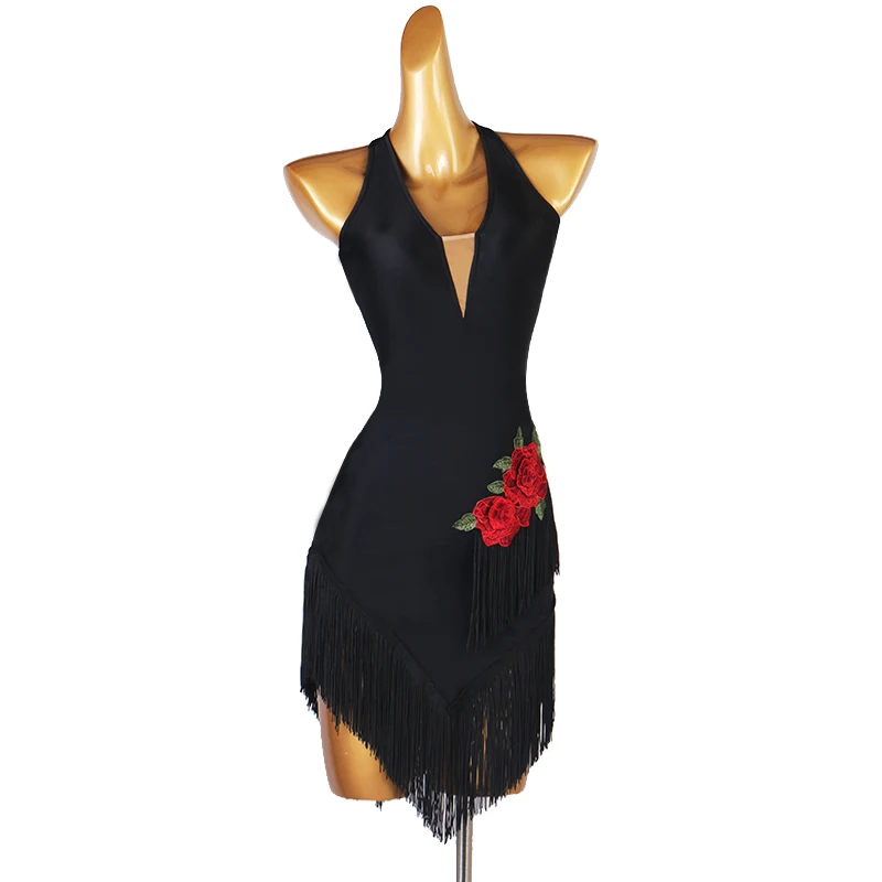 Summer Sexy Lady Latin Dance Costume Black Fringe Rhinestones Dress For Women Competition Dresses | Тематическая одежда и
