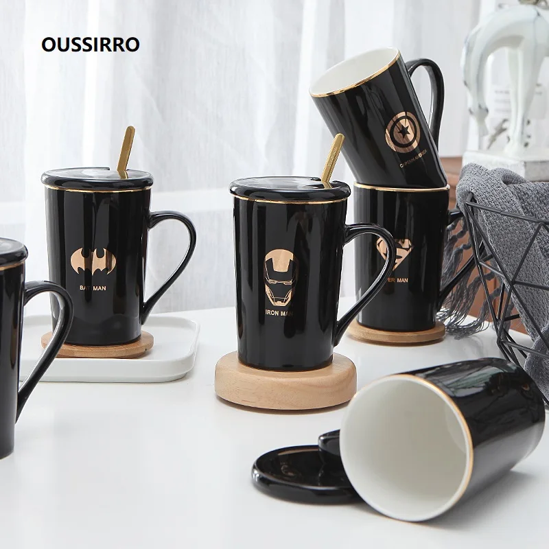 cheap Creative Gold side 360ml Super Hero Theme Coffee Milk Tea Mugs Cup, Office Europe Style Water Cup With Cover And Spoon