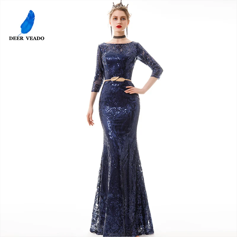 

DEERVEADO Sexy Mermaid Evening Dress Long Formal Party Dresses Evening Gown Sequins Lace Occasion Dresses with Belt YS455