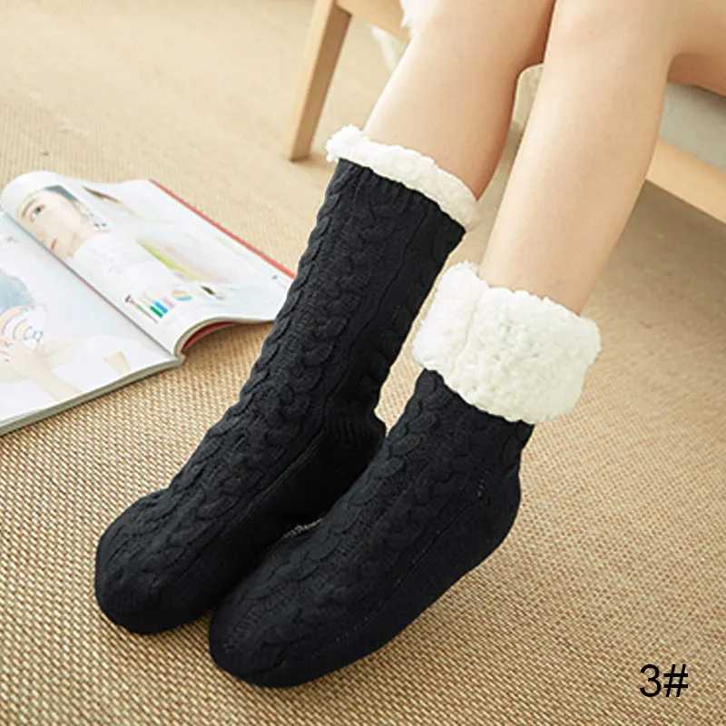 Winter Women Warm Socks Cotton Knit Floor Non-slip Super Thicken Soft Socks Girl Plus Velvet Keep Warm Female Socks Dropshipping - Color: black