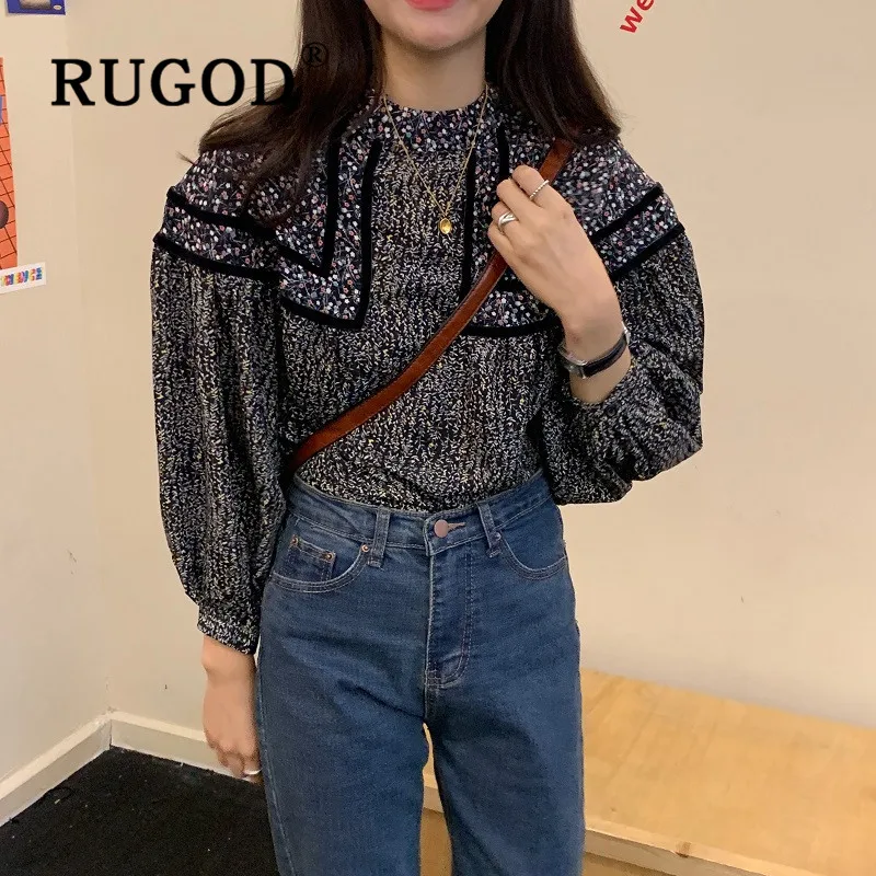 RUGOD, милая винтажная блузка, женские блузки с длинным рукавом, элегантный топ, корейская модная одежда, женские рубашки, рубашка с рукавами-фонариками