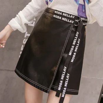 

PU leather women mini skirt Autumn winter high waist asymmetrical female skirt Sexy party club wear ladies skirt G1146