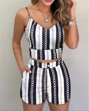 

Print Women's Tracksuit 2021 Summer New Slim Sling V-neck Navel Bare Shorts Two-piece Suit