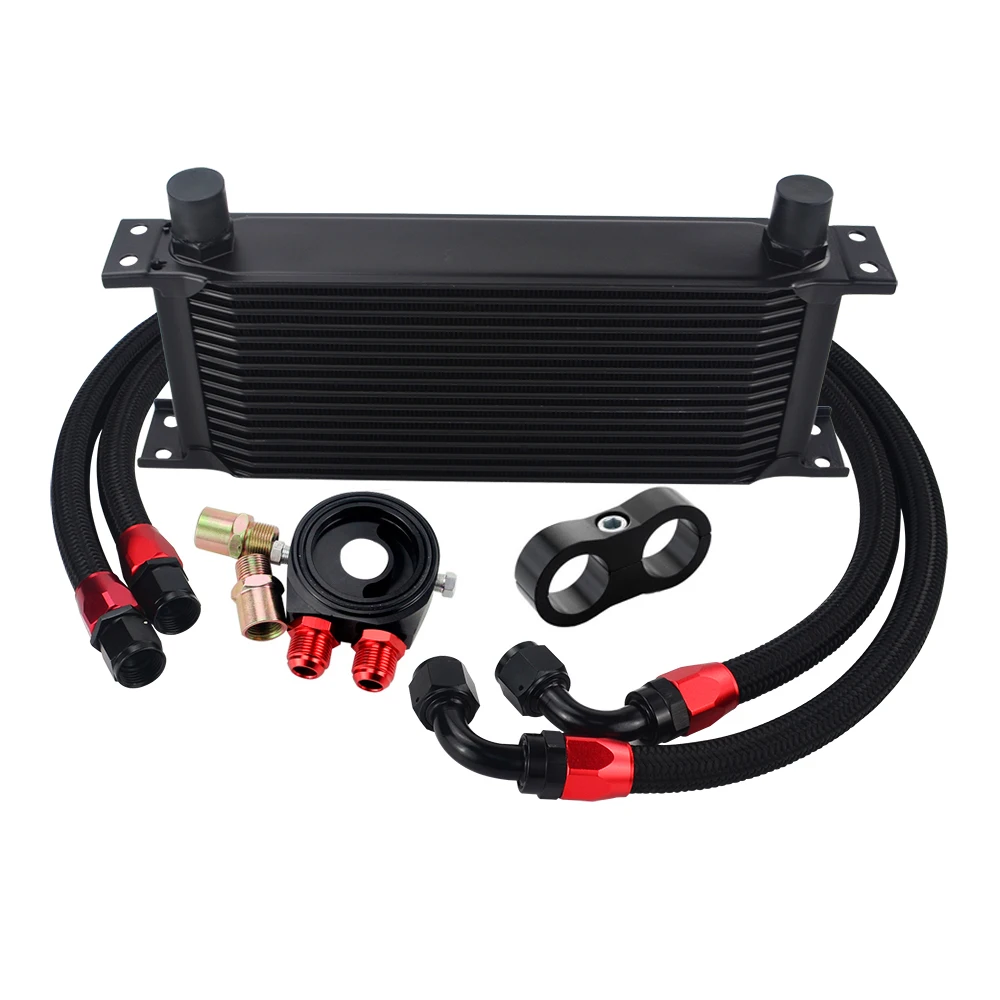 AN10 Universal 16 Rows Oil Cooler Kit + Oil Filter Sandwich Adapter + Staingless Steel Braided AN10 Hose Line Separator oil cooler kit
