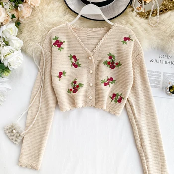 

Women Knitted Sweet Fashion Sweater Spring Autumn New V-Neck Full Short Embroidery Floral Slim Wild Female Cardigans