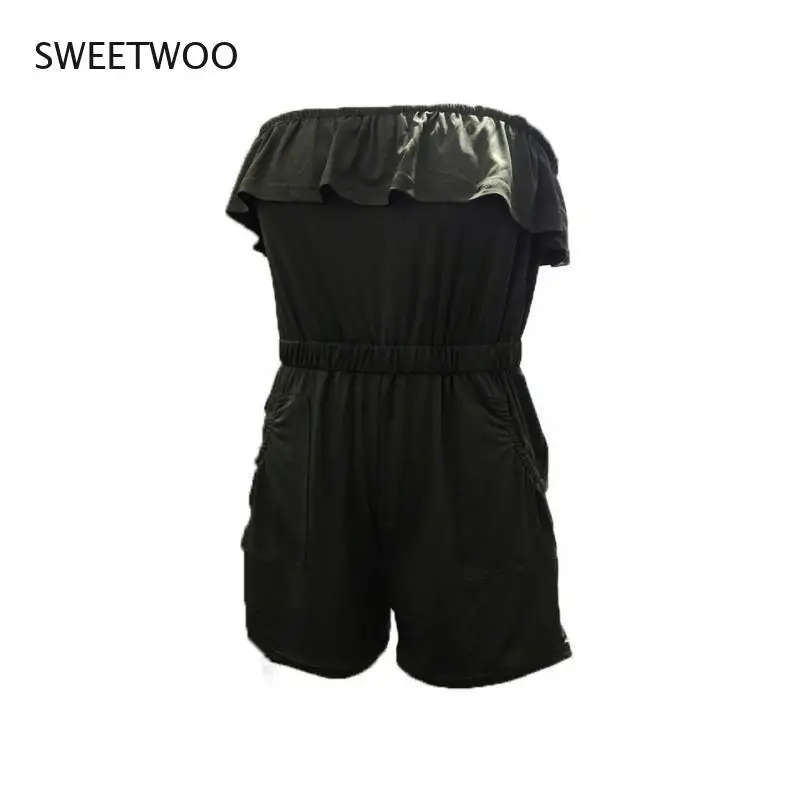 Summer Women Fashion Sexy Solid Colors Sleeveless Off-Shoulder Backless Ruffles Leisure Pocket Beach Short Romper Jumpsuit