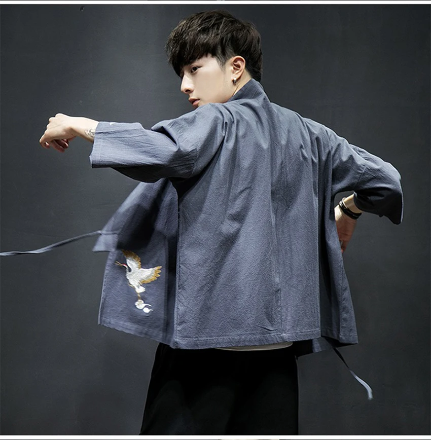 Haori Crane Embroidery News Japanese Style Asian Clothes Vintage Traditional Clothing Men Women Plus Size Samurai