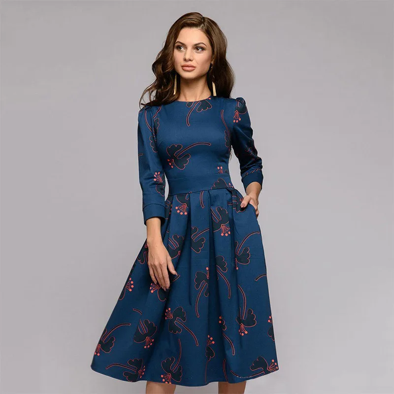Халат в винтажном стиле рокабилли Для женщин 3/4 рукав цветочный принт Плиссированное развевающееся платье в ретро-стиле 50-х 60-х платья летне-осенние вечерние sukienka - Цвет: Тёмно-синий