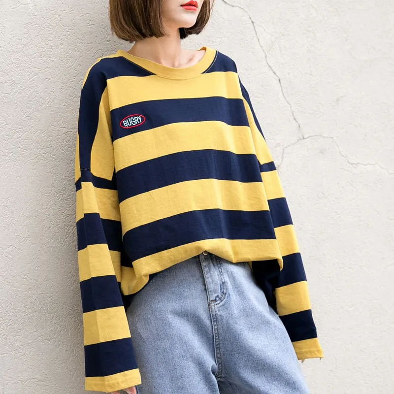 

2019 Autumn Women T-shirt New Long Sleeve Female T-shirts Vintage Fashion Tops Basic Loose Casual Striped Simple Shirt