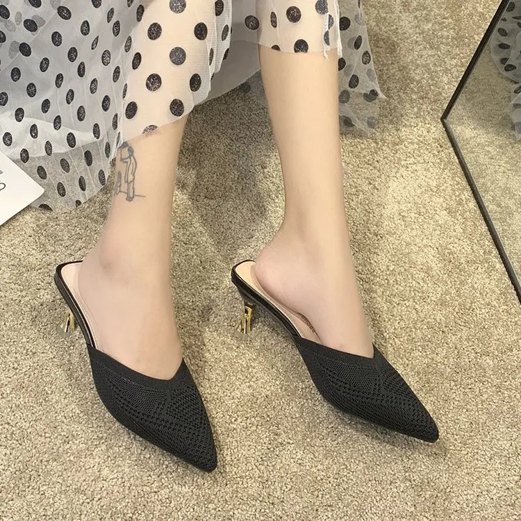 

2019 Korean-style New Style Versatile Knit Pointed-Toe Semi-high Heeled Thin Heeled Closed-toe Slipper Lazy Mules Shoes Sandals