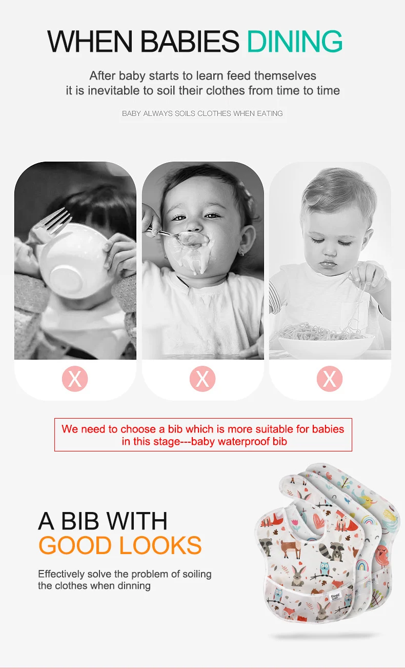 Baby Bibs 100% Polyester TPU Coating Feeding Bibs Washable Baby Bibs with Food Catcher for Baby Girls & Boys Waterproof Bibs baby accessories drawing	