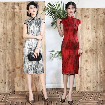 

Plus Size 4XL Oriental Design Print Women Short Cheongsam Elegant High Split Chinese Evening Dress Retro Stage Show Qipao