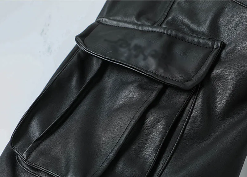 Men's Winter Warm Leather Pants With Multi Pockets Motorycle Pu Leather Trousers For Male Fleece Lined Size 29-40 Black (8)