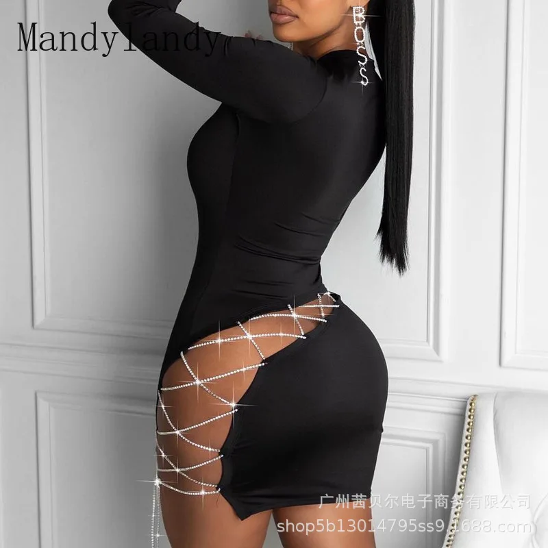 Черное обтягивающее платье Mandylandy Стразы с длинным рукавом обтягивающие