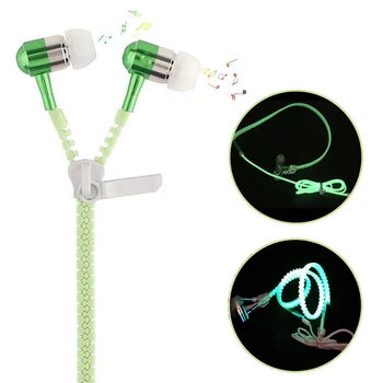 

3 Colors Universal In-Ear Glow Earphone Luminous Light Metal Zipper Headset Portable Sport Running Earphones For Iphone Android