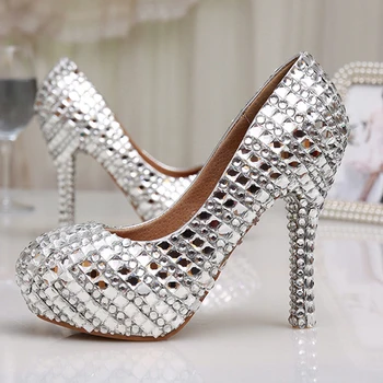 

Womens High Heel Glitter Crystal Platforms Wedding Shoes Diamond Jeweled Silver Bridal Shoes 12cm Cinderella Prom Evening Pumps