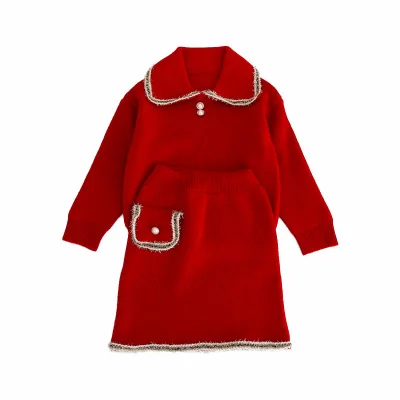 Owligbaby/комплект для девочек, детский вязаный свитер с отворотом и юбка, г., Осень-зима
