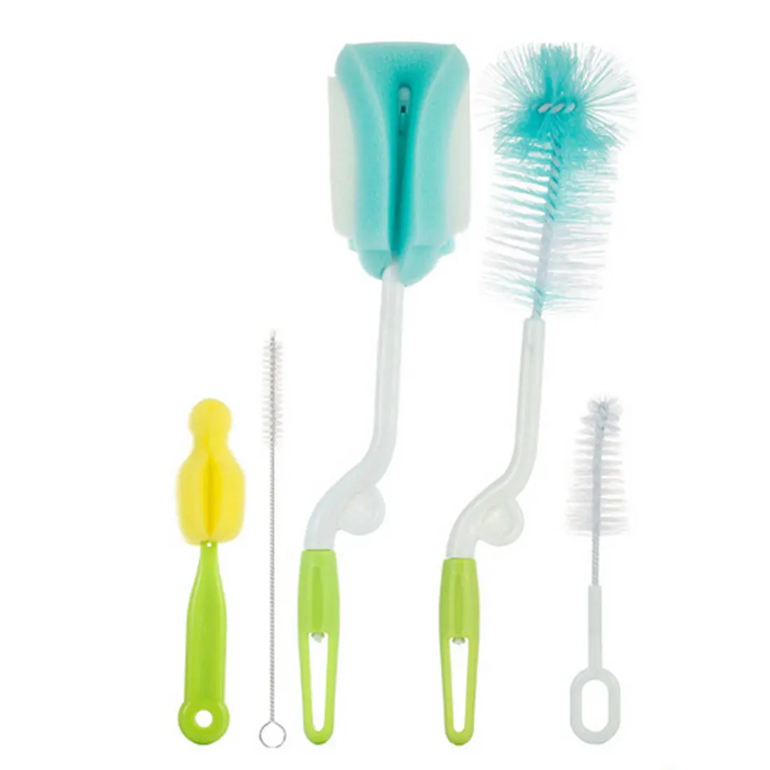 green 5pcs Baby Bottle Brushes Set Sponge Plastic Glass Milk Water Cup Cleaner Nipple Pacifier Milk Feeder Cleaning Brushes sets - Color: green