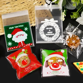 

100pcs Merry Christmas Cookie Candy Bags Cute Santa Claus Snowflake Xmas Gift Bags Party Decoration Self-Adhesive Plastic Bags
