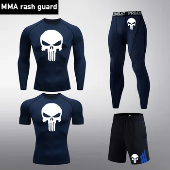 

4 pcs Jogging Suit Men's Clothing Punisher Skull Compression T-Shirt Leggings Sports Shorts rashgard male MMA tactics union suit