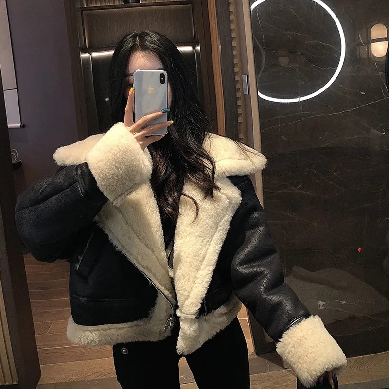 2019 Winter High -Quality Jacket Female Suede Lamb Keep Warm Wool Coat Motorcycle Lapels Coat Female Thicker Jacket Women black