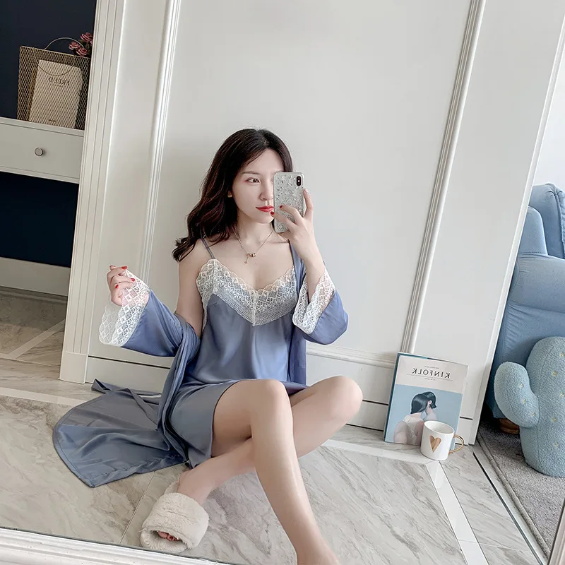 Sexy Womens Night Robe Strap Top Pajamas Suit Summer Two Piec Sleepwear Sets Casual Home Wear Nightwear Sleep Kimono Bath Gown