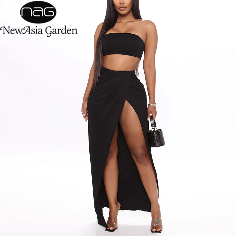 Outfits Tube Crop-Tops Long-Skirts Newasia Two-Piece-Set Side-Split Women Summer Party
