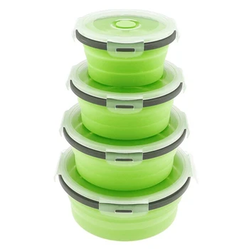 

4Pcs Set Collapsible Fruit Salad Lunch Box Silicone Food Box Container Round Shape Tableware Green