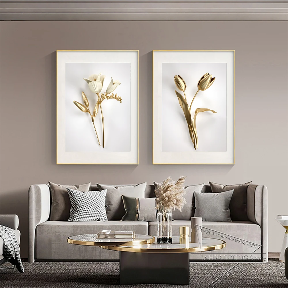 Golden plant leaves and flowers Wall art canvas painting Wall Pictures for Living Room Nordic Decoration Pictures morden decor