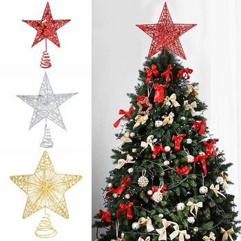 

1PC Christmas Tree Top Star Gold Silver Red Glitter Iron Star Ornament Merry Christmas New Year Party Home Tree Top Decoration 7