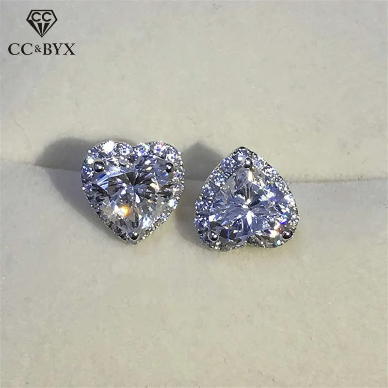 Stud-Earrings Elegant Jewelry Wedding-Engagement Bridal Silver Heart S925 Cubic-Zirconia